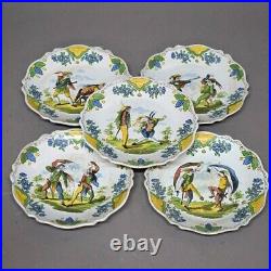 Five Antique French Faience Pottery Hand Painted Plates by Les Islettes 18thC