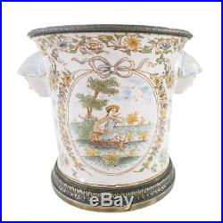 French 19th C. Silver Mounted Faience Cache Pot Vase