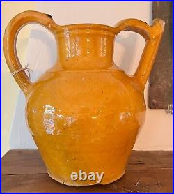 French Antique Art Pottery Pot Confit Ceramic Cruche Yellow Glazed Faience