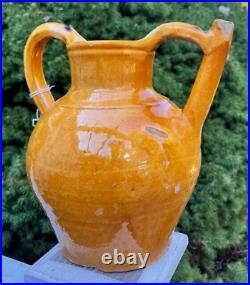 French Antique Art Pottery Pot Confit Ceramic Cruche Yellow Glazed Faience