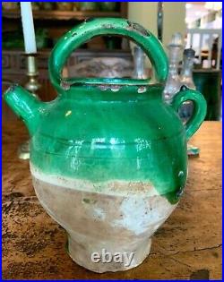 French Antique Art Pottery Pot Confit Faience Green Glaze Cruche Jug Ceramic