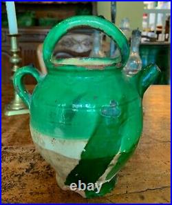 French Antique Art Pottery Pot Confit Faience Green Glaze Cruche Jug Ceramic