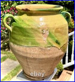 French Antique Ceramic Confit Pot Transferware Green Glaze Faience Art Pottery
