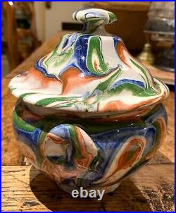 French Antique Confit Jaspe Art Pottery Faience Jar Pot Faience Earthenware