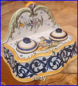 French Antique Double Inkwell By Quimper Faience Signed HB Pristine Condition