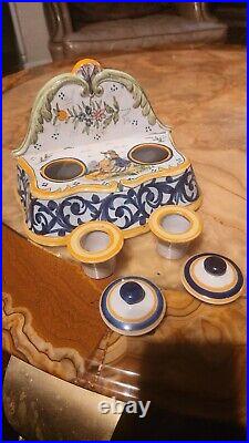 French Antique Double Inkwell By Quimper Faience Signed HB Pristine Condition