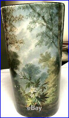 French Antique Faience Forest & Butterfly Exotic Artist Signed Oval Large Vase