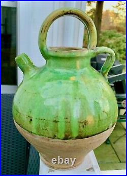 French Antique Glaze Green Pottery Earthenware Pot Confit Faience Pitcher Cruche