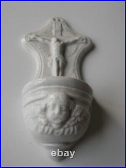 French Antique Holy Water Font White Faience of Moustiers skull & bones RARE