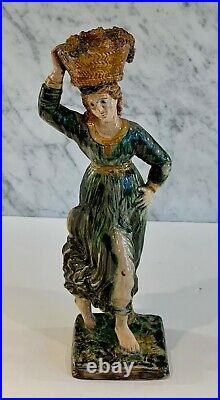 French Antique Lady Grape Basket Figure Faience Majolica 19thC