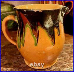 French Antique Pottery Confit Faience Earthenware Terracotta Glaze Jaspe Pitcher