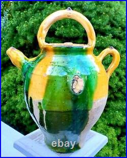 French Antique Pottery Earthenware Jar Vessel Glazed Ewer Jug Confit Pot Faience