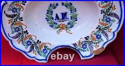 French Barbers Shaving Bowl Hand Painted Faience Nevers Mono AM Late 18th C