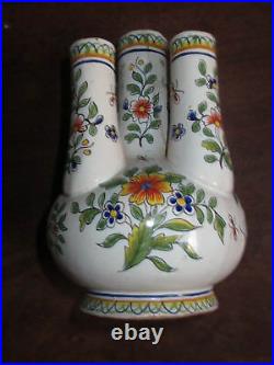French Faience 5 Finger Spout handpainted Vase Armorial Rouen Devres signed