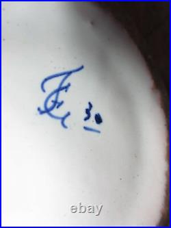 French Faience 5 Finger Spout handpainted Vase Armorial Rouen Devres signed