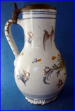 French Faience Antique Majolica Pottery Flagon Mug Stein 18C Tin Glaze