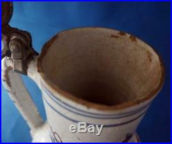 French Faience Antique Majolica Pottery Flagon Mug Stein 18C Tin Glaze