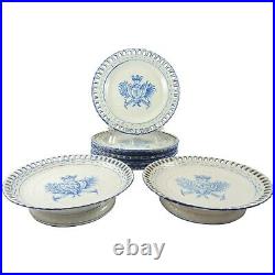 French Faience Blue & White Dessert Set By Emile Galle, 2 Compotes & 8 Plates