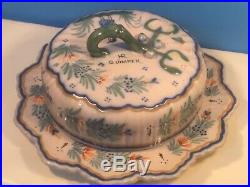 French Faience Covered Cheese Butter Dish Antique Quimper Covered Dish