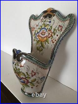 French Faience Hand Painted Wall Vase Marked Nevers