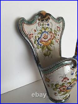 French Faience Hand Painted Wall Vase Marked Nevers