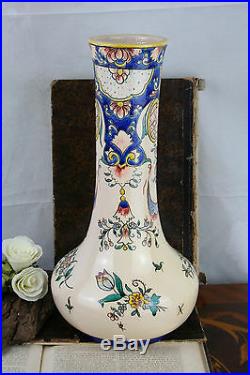 French Faience Longwy pottery Vase Polychrome 1920 marked art deco porcelain