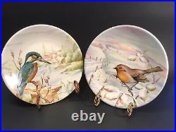 French Faience Pair of Handpaimted Bird Cabinet Plates by Sarreguemines c. 1920s+