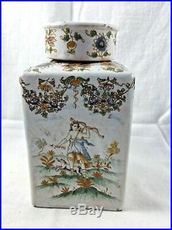 French Faience Tea Caddy, Moustier 19th Century, Hand Painted, France