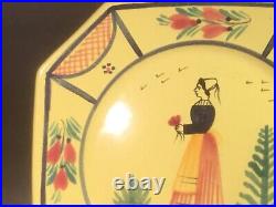 French HB Quimper Soleil Yellow Woman 10 inch Octagonal Plate Hand Painted