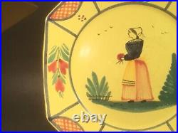 French HB Quimper Soleil Yellow Woman 10 inch Octagonal Plate Hand Painted