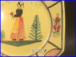 French HB Quimper Soleil Yellow Woman 10 inch Octagonal Plate Hand Painted