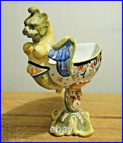 French HC Deauville Faience Majolica Pottery Compote Female Dragon Gargoyle