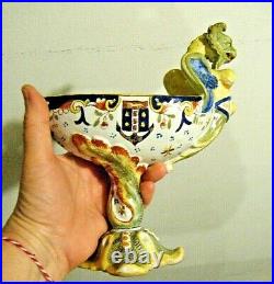 French HC Deauville Faience Majolica Pottery Compote Female Dragon Gargoyle