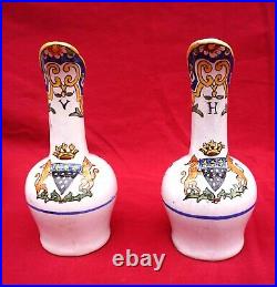 French Hand Painted Faience Arms Mont St Michel Oil Vinegar w Stand Malicorne