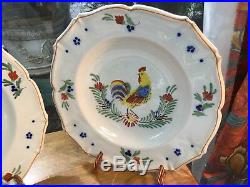 French Handpainted Faience Rooster Plates Set of Three c. 1892 by Keller & Guiren