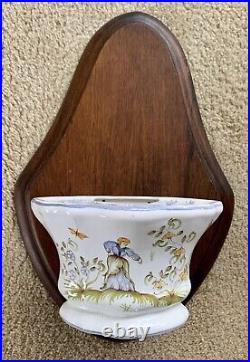 French Moustier Faience Vase Flower Vase Wall Pocket withwood Plaque