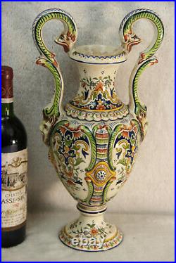 French Rouen marked pottery faience Vase Floral snake satyr heads rare