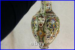 French Rouen marked pottery faience Vase Floral snake satyr heads rare