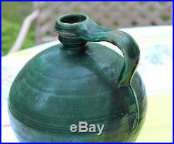 French Spanish Provence Antique Country Pottery Green Faience Confit Jug Jar