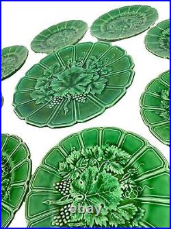 French antique 1880 Sarreguemine majolica Side Plates Emerald 8 plates & platter