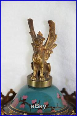 French antique Clock faience Polychrome bird dragon chimaera top lion heads