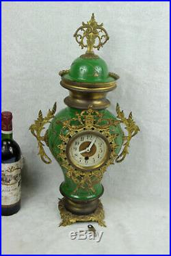 French antique Faience porcelain Green art nouveau clock