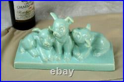 French art deco faience craquele 3 dogs statue turquoise sculpture