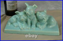 French art deco faience craquele 3 dogs statue turquoise sculpture