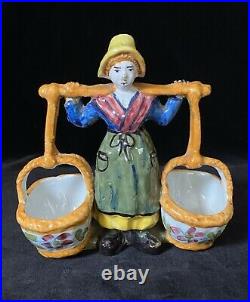 GEO MARTEL MILKMAID With BASKETS DOUBLE SALT DESVRES French Faience Antique c1910