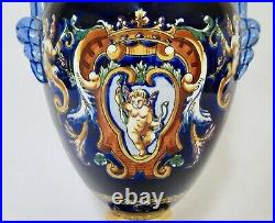 Gien French Faience Hand-Painted Trophy Vase 12 Tall Mint Vintage Condition
