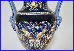 Gien French Faience Hand-Painted Trophy Vase 12 Tall Mint Vintage Condition
