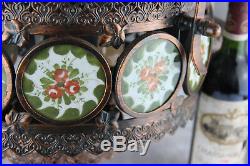 Gorgeous French 1970 MEtAL Bronze patina Faience plaques floral Chandelier