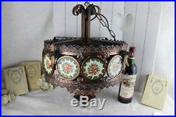 Gorgeous French 1970 MEtAL Bronze patina Faience plaques floral Chandelier