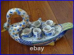 HENRIOT QUIMPER French faience swan egg server set 7 pieces with 6 egg holders